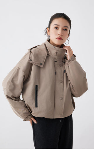 Oversized hooded puffer jacket, beige, with high collar and front zip closure