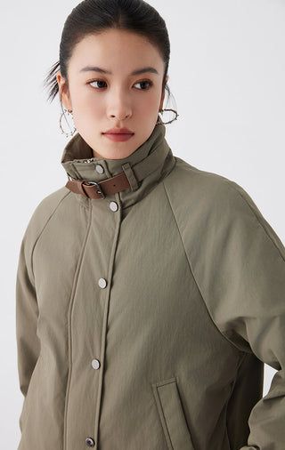 Army green jacket close-up: stand collar leather strap detail and button placket