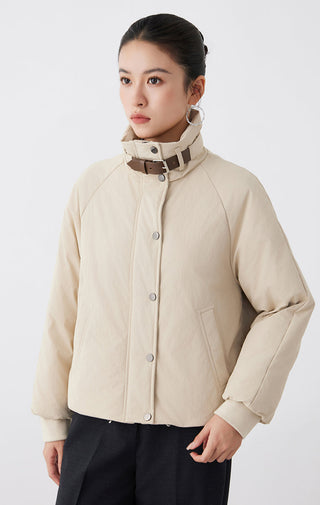 Apricot utility jacket, button front, chest pocket, leather collar strap detail