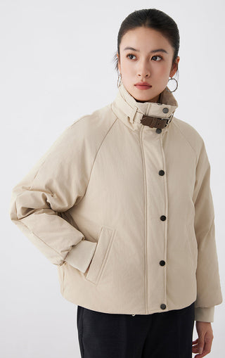 Apricot utility jacket with stand collar, leather strap detail, button front and chest pocket