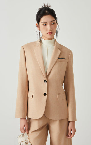 Khaki button-front blazer with notch lapel, flap chest pocket and sleeve detailing