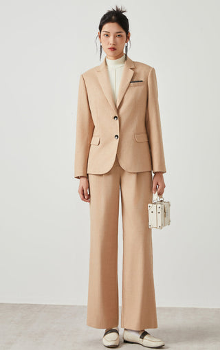 Khaki tailored blazer with matching wide-leg trousers, button-front, flap pockets