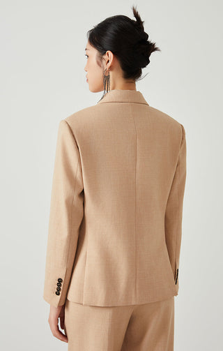 Khaki blazer back view, clean yoke seam and center back panel