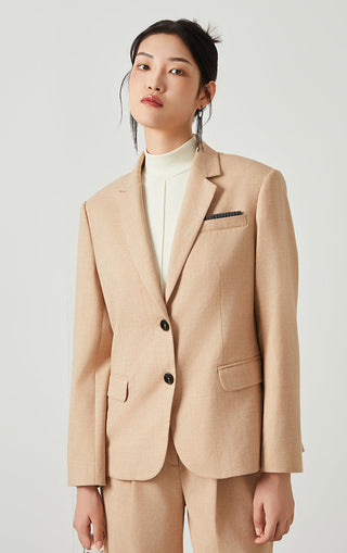 Khaki wool-blend blazer front view, notch lapel, button-front, flap pockets