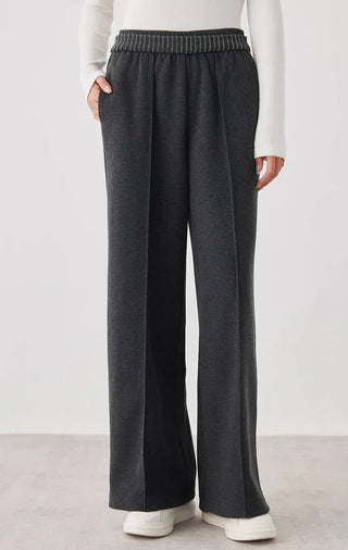 Dark gray cashmere-blend wide-leg knit pants with elastic waistband