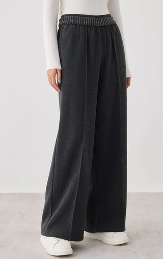 Dark gray cashmere-blend wide-leg knit pants, front view; ribbed waistband