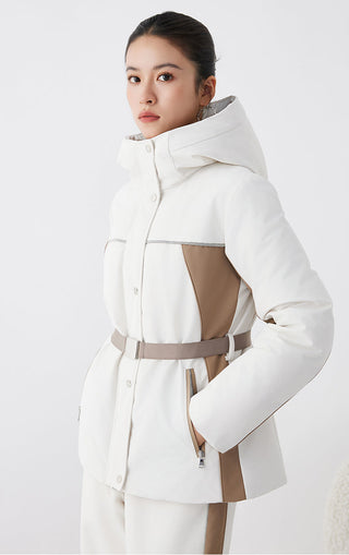 White hooded parka with brown inner panel, belted waist and button front