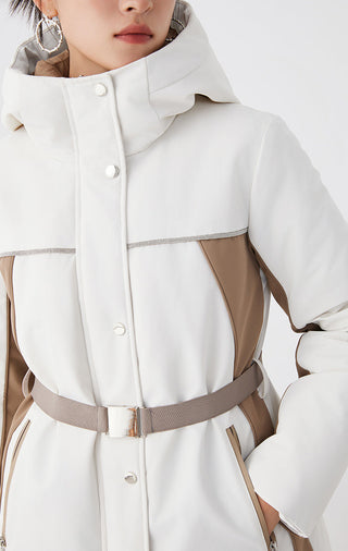 White hooded down jacket close-up, snap buttons, gray trim, belted waist