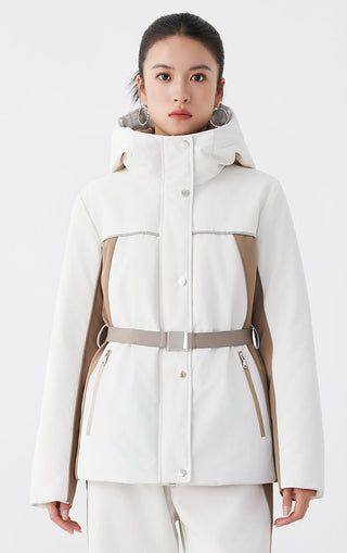 White belted hooded jacket with two-pocket look, button closure and high collar hood