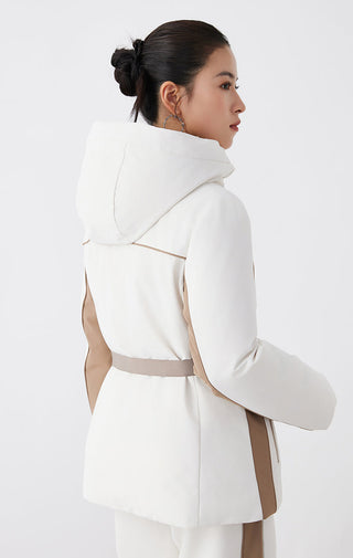 White hooded down jacket, belted waist with vented back and brown side panels