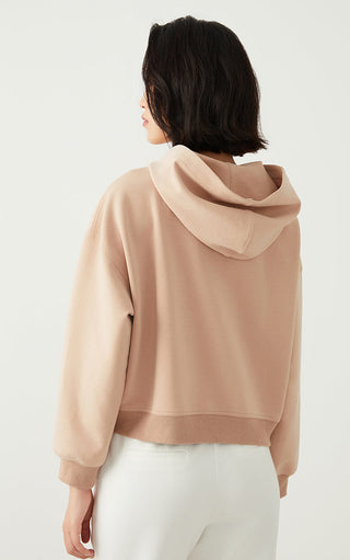 Khaki hoodie back view with hood and roomy dropped sleeves, hem ribbed cuffs