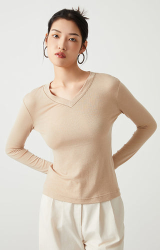 Tencel wool v-neck long-sleeve top, apricot color, slight drape at hem