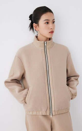 Camel wool zip-front jacket with stand collar and elastic waist band