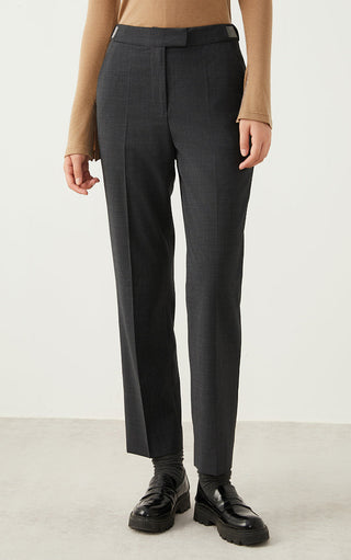 Dark gray tailored straight-leg pants with belt loops and front crease