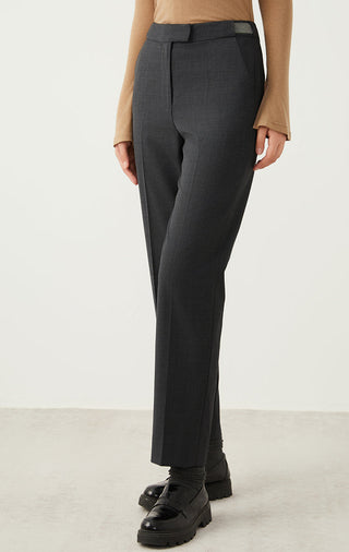 Dark gray tailored straight-leg pants with belt loops and side seam