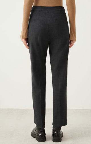 Dark gray tailored straight-leg pants, back view with stitched waistband