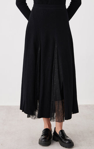 Wool Cotton Panelled Lace Midi Skirt - serathinan 