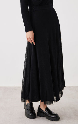 Black panelled lace midi skirt, soft pleats and lace hem peeking below