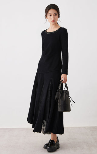 Black panelled lace midi skirt with fitted waist and full A-line flare