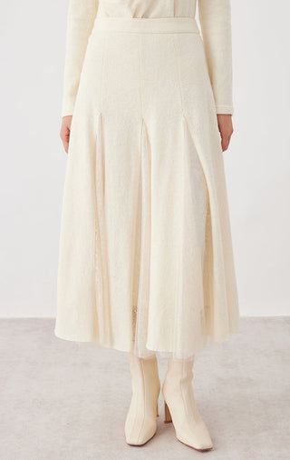 Beige wool-cotton panelled midi skirt with lace overlay and voluminous flare