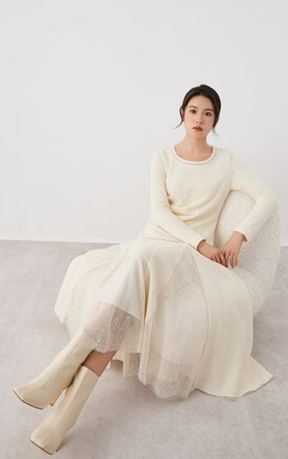 Beige panelled lace midi skirt with full skirt volume and delicate lace sections