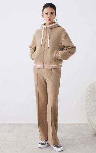 Camel wool hooded zip jacket with kangaroo pocket and striped cuffs