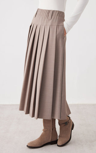 Dark camel tailored pleated midi skirt, gathered elastic waistband, flowy A-line