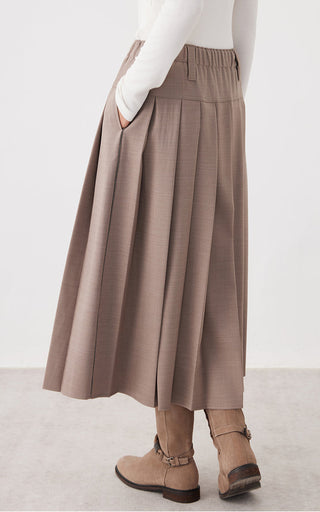 Dark camel wool-blend pleated midi skirt, wide pleats and high-waist waistband
