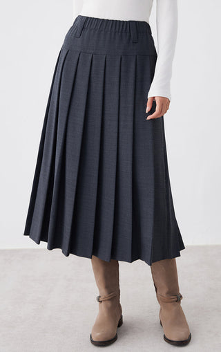 Wool-blend pleated midi skirt in graphite gray, elastic waistband, wide box pleats