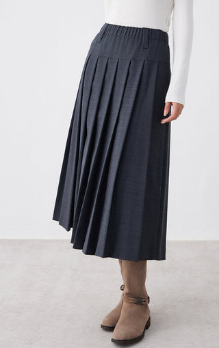 Graphite gray pleated midi skirt with elastic waistband and layered front pleats