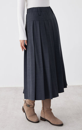 Graphite gray pleated midi skirt, elastic waistband with front panel seams