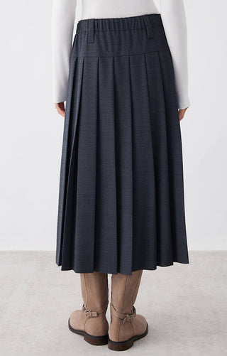 Graphite gray tailored pleated midi skirt, elastic waist and structured box pleats