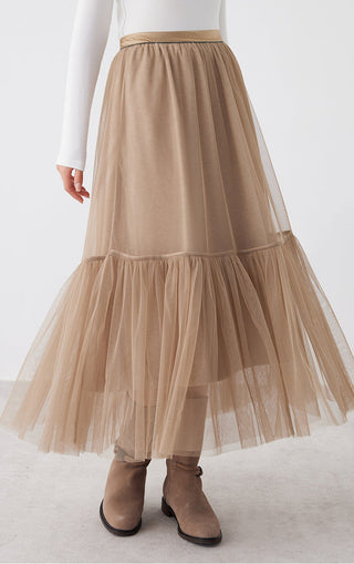 Camel tulle midi skirt with gathered elastic waistband and flowing tiered hem