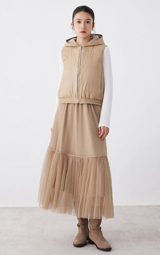 Camel tulle midi skirt with elastic waist; airy tiered ruffle layers