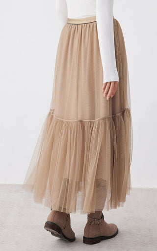 Camel tulle midi skirt front drape; tiered sheer ruffle layers and elastic waist