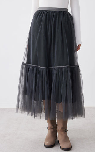 Dark gray tulle midi skirt with elastic waistband and tiered ruffle hem