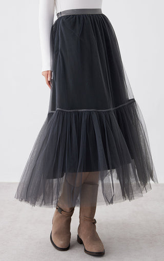 Dark gray tulle midi skirt with elastic waist; two-tier ruffle layers