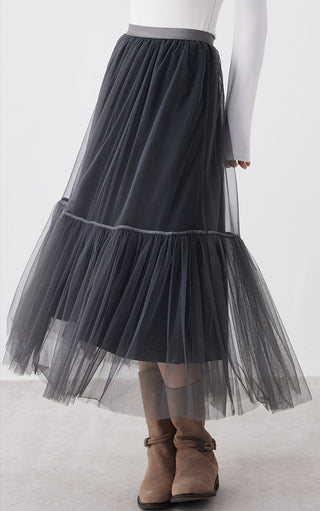 Dark gray tulle midi skirt, back view; layered ruffle tiers and elastic waist