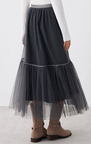 Dark gray tulle midi skirt, front view; gathered waist and tiered sheer hem