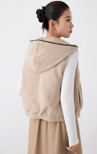 Camel hooded vest back view with drawstring hem and ribbed trim