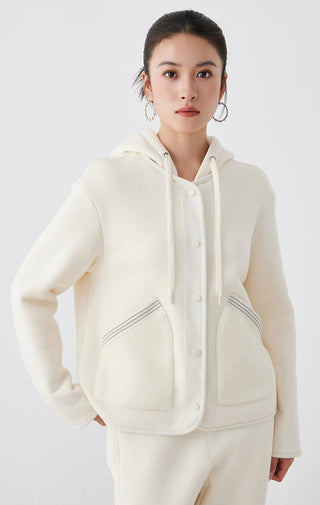 Cream white cotton-wool hooded jacket with button front and textured chest pockets