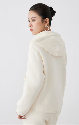 Cream white hooded jacket back view with full sleeve and hood shape