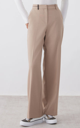 Camel wool-blend tailored straight-leg pants, center front crease, belt loops