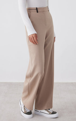 Camel tailored straight-leg pants with side pockets and long straight silhouette