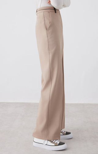 Camel straight-leg trousers with stitched crease and front fly