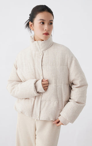 Beige wool-blend down jacket, front view with stand collar and buttoned center
