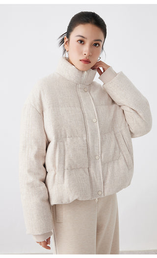 Beige wool-blend shimmer down jacket, stand collar, button front and quilted padding