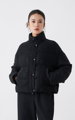 Graphite gray shimmer down jacket, front view with stand collar and snap buttons