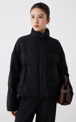 Graphite gray shimmer down jacket, front close-up with stand collar and pockets