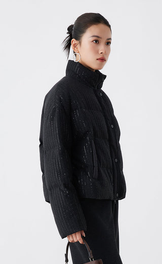 Graphite gray wool-blend down jacket, side profile, button front and flap pockets